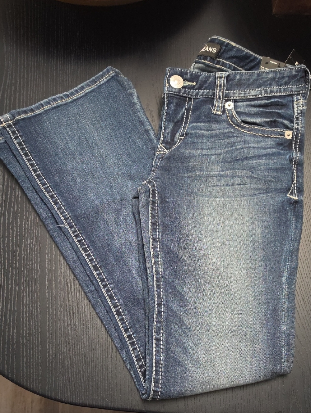 Express Women's Dark Blue Bootcut Jeans - Faded Stretch Denim